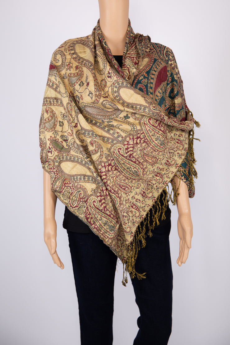 Light Yellow/Green/Maroon Paisley Cashmere Scarf