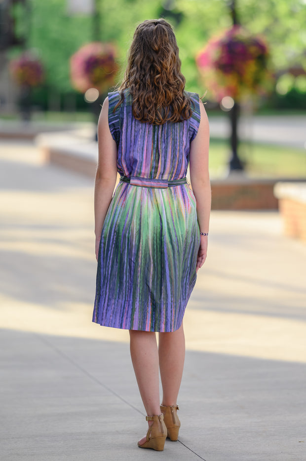 BCBGMAXAZRIA Rainbow Multi Dress With Waist Tie Belt Size XXS