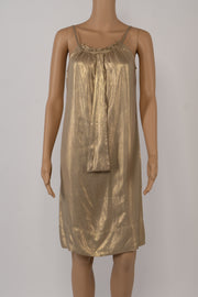 Diane von Furstenberg Metallic Gold Shift Dress With Front Tie Size 2