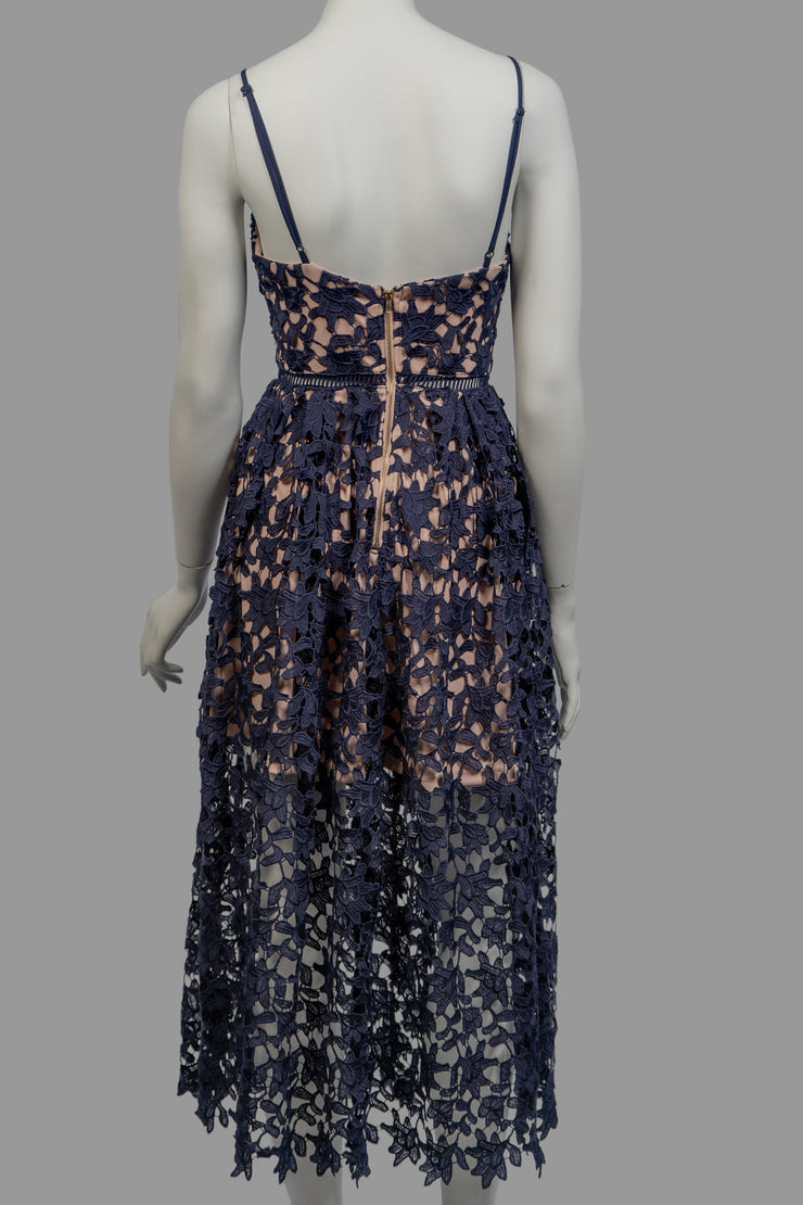 AQUA Navy/Nude Lace Pencil Dress With Spaghetti Straps Size XS