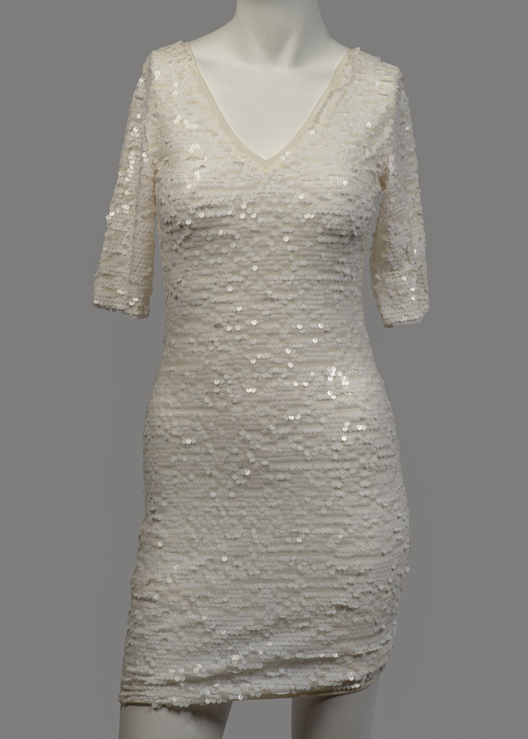 BCBGMAXAZRIA White Sequin V-Neck Fitted Dress Size XS