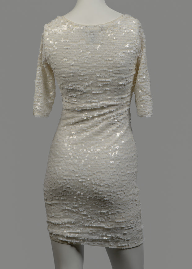 BCBGMAXAZRIA White Sequin V-Neck Fitted Dress Size XS