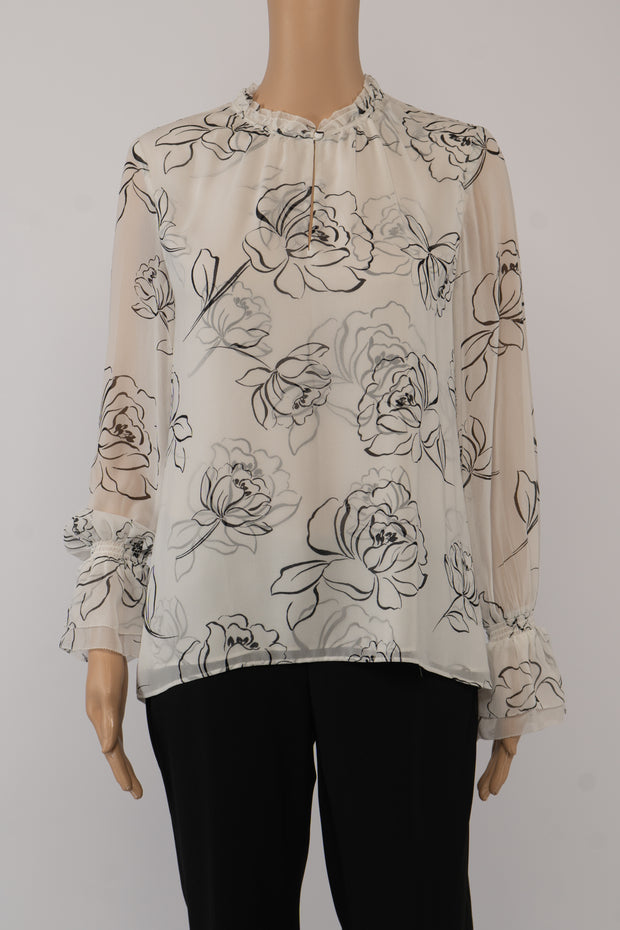 White House Black Market Cream/Black Semi Sheer Floral Blouse Size 0