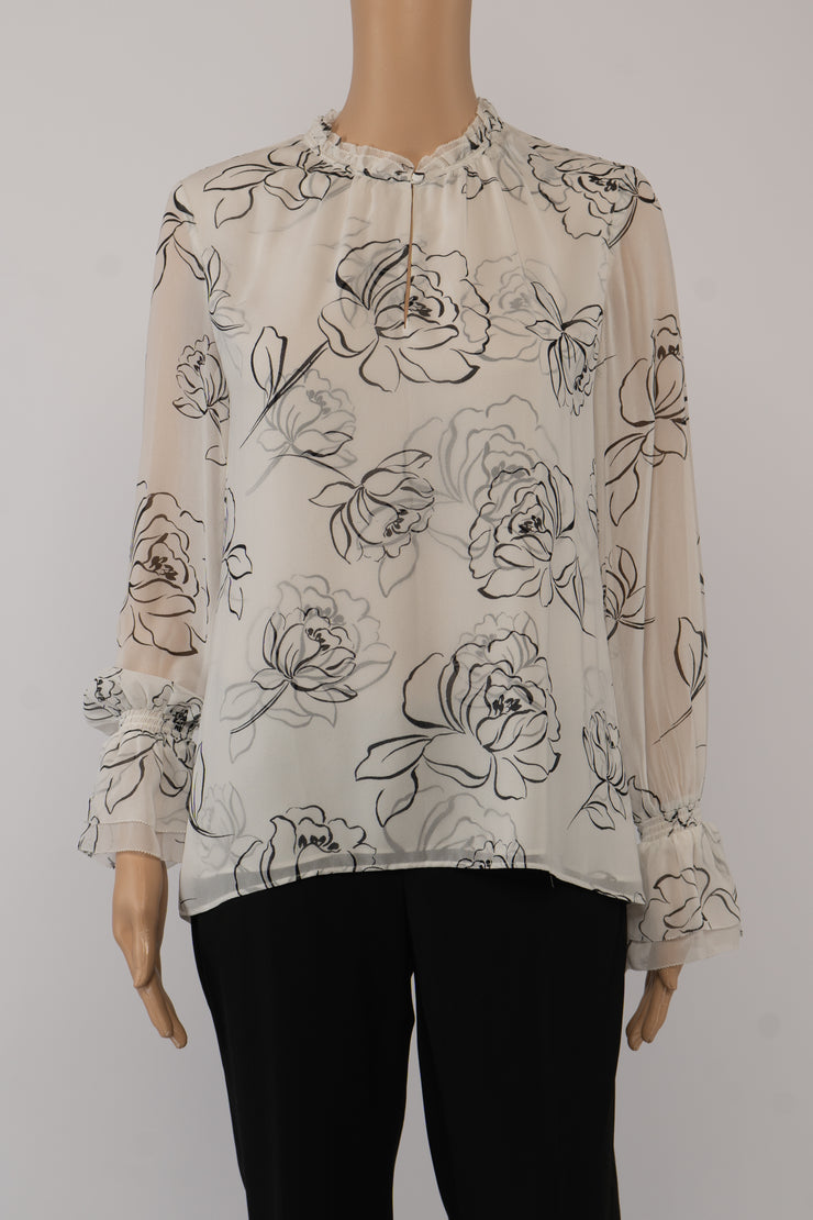 White House Black Market Cream/Black Semi Sheer Floral Blouse Size 0