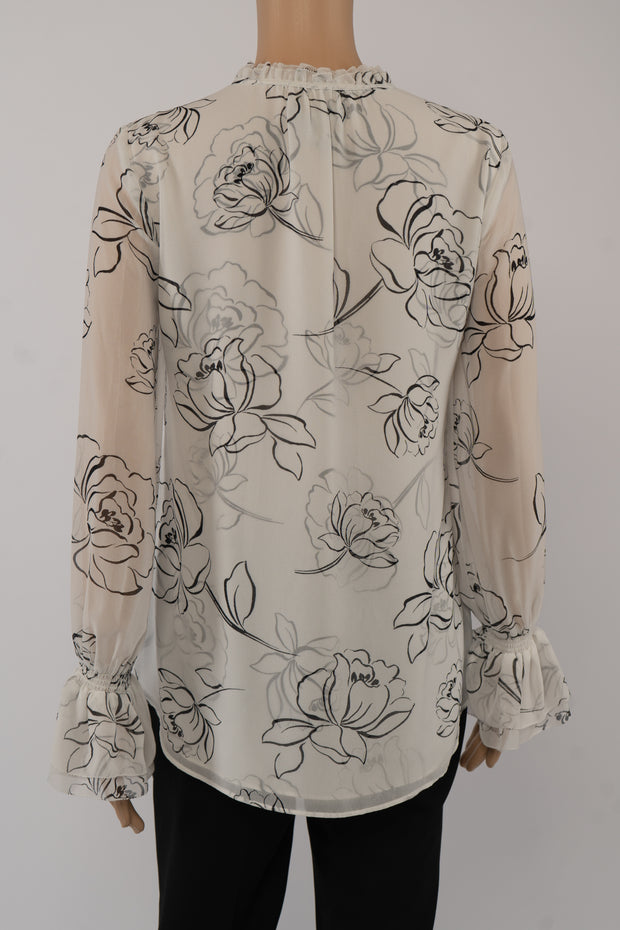 White House Black Market Cream/Black Semi Sheer Floral Blouse Size 0