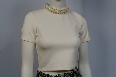 Design Lab Cream Cropped Top With Embellished Neckline Size S