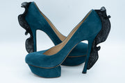 Nicholas Kirkwood Teal Suede Ruffle Platform Pumps Size 38.5