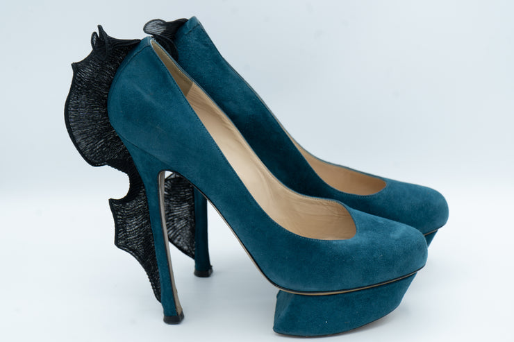 Nicholas Kirkwood Teal Suede Ruffle Platform Pumps Size 38.5