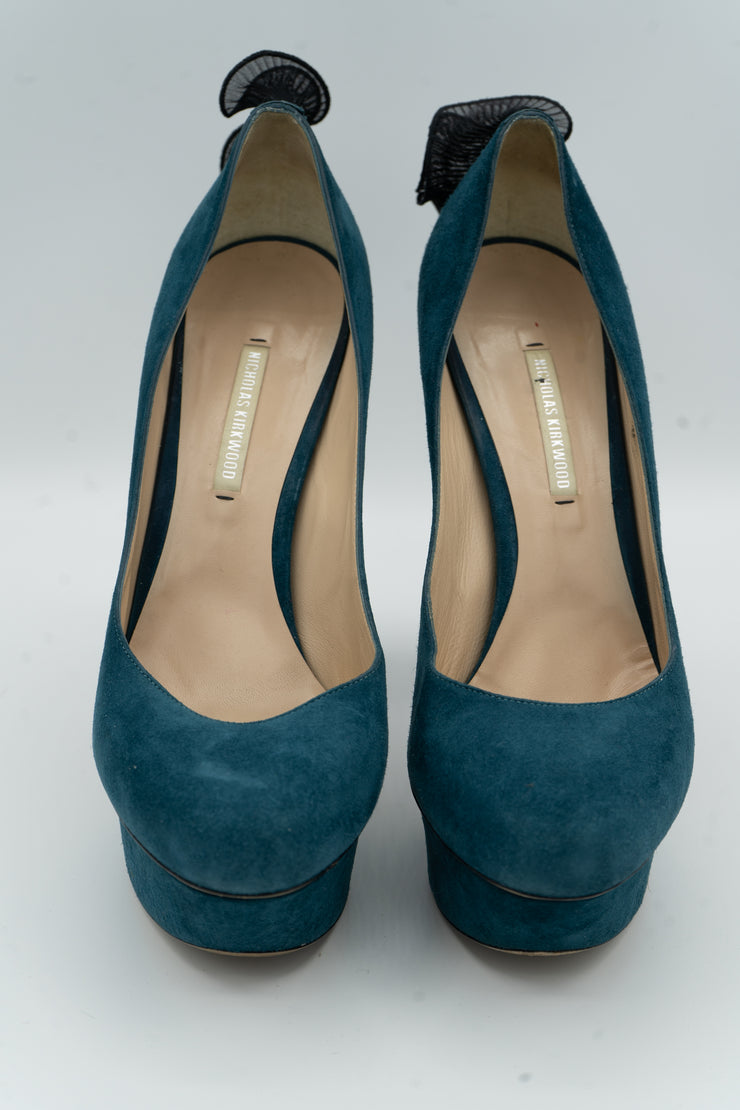 Nicholas Kirkwood Teal Suede Ruffle Platform Pumps Size 38.5