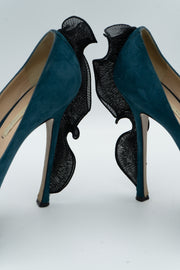 Nicholas Kirkwood Teal Suede Ruffle Platform Pumps Size 38.5