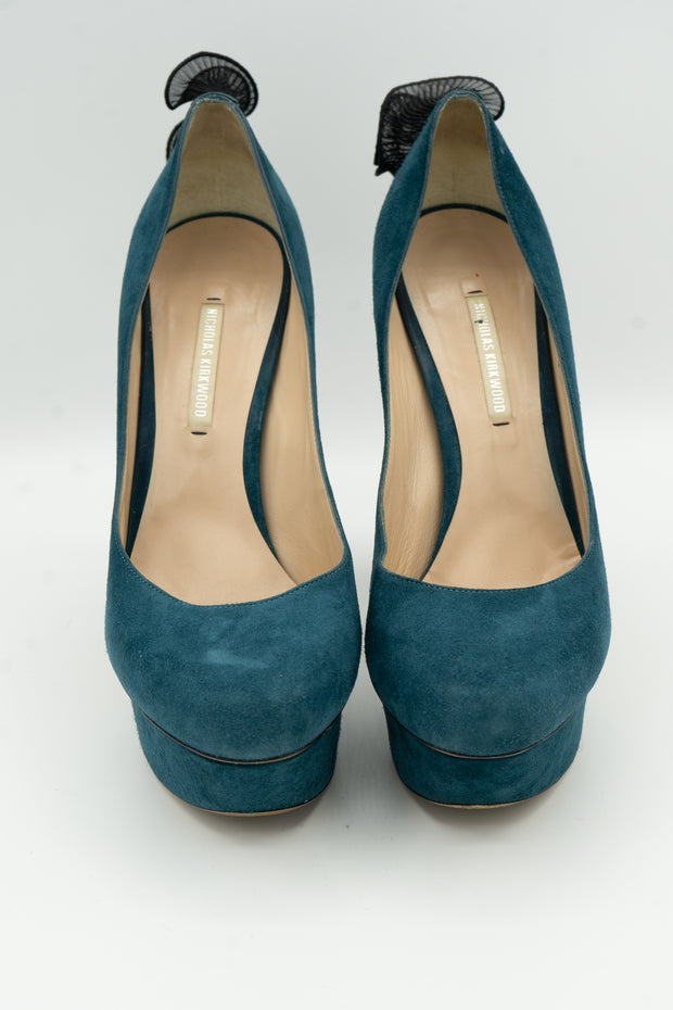 Nicholas Kirkwood Teal Suede Ruffle Platform Pumps Size 38.5