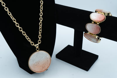 Chico's Pale Peach Goldtone Glass Drop Necklace and Matching Bracelet